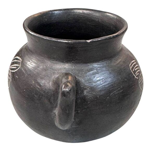 Vintage Black Ceramic Southwest Double Handled Pot Planter Floral Pattern READ - Picture 3 of 9